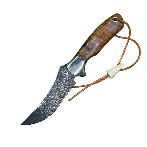 A fixed-blade knife with a patterned Damascus steel blade, a brown wooden handle, and an orange-brown lanyard, displayed diagonally on a solid green background.