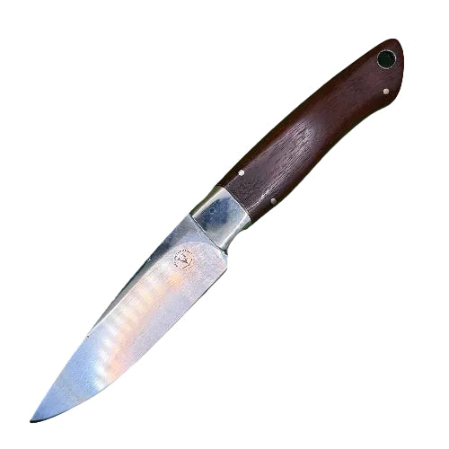 A fixed-blade knife with a polished silver steel blade and a dark brown wooden handle, placed diagonally on a solid green background.